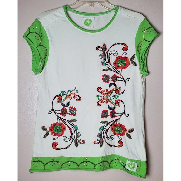 Double D Ranch Tops - Double D Ranch Beaded Sequined Embroidered Short Sleeve Medium Floral Shirt